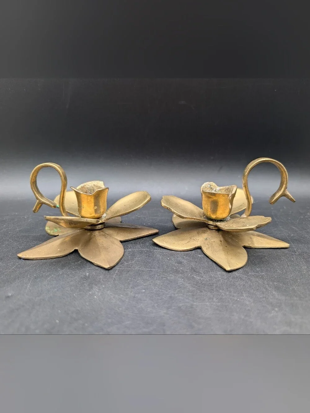 Pair Vintage Brass Orchid Flower Candlestick Holders